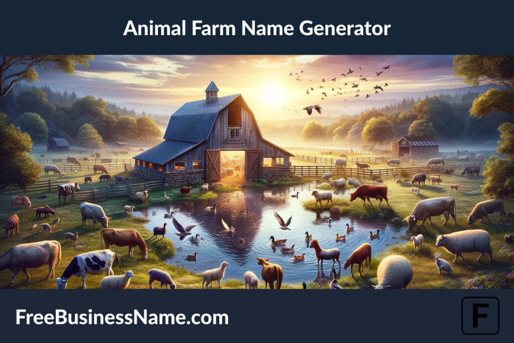 a cinematic image inspired by the Animal Farm Name Generator concept is ready. It captures a serene dawn on a farm that's a sanctuary for a variety of animals, highlighting the beauty and harmony of life close to nature.