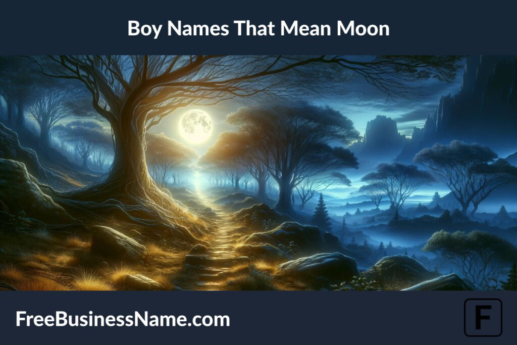 an image that captures the adventurous essence associated with boy names meaning "moon". It depicts a landscape at twilight, illuminated by the rising moon, highlighting a path through a mystical forest leading towards distant, mysterious mountains. This scene is designed to embody the spirit of adventure and the intrigue of the unknown, all under the enchanting light of the moon.