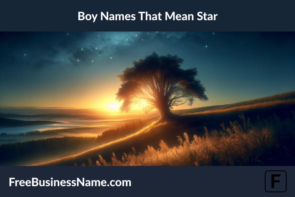 a cinematic image inspired by boy names that mean "star" is ready. It captures a serene transition from night to dawn, symbolizing hope and renewal.