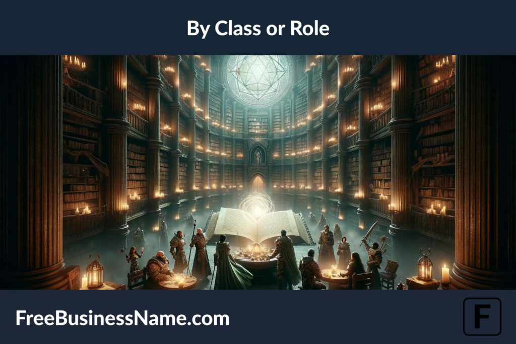 a cinematic image inspired by the Dungeons and Dragons Name Generators by Class or Role is now complete, showcasing a scene of diverse adventurers strategizing in an ancient, mystical library.