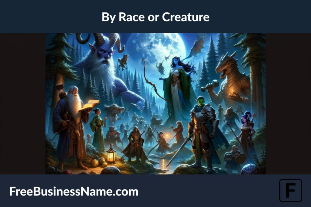 a cinematic image inspired by the Dungeons and Dragons Name Generators by Race or Creature is prepared. It captures the enchanting diversity of races and creatures coexisting within a magical forest setting under the full moon.