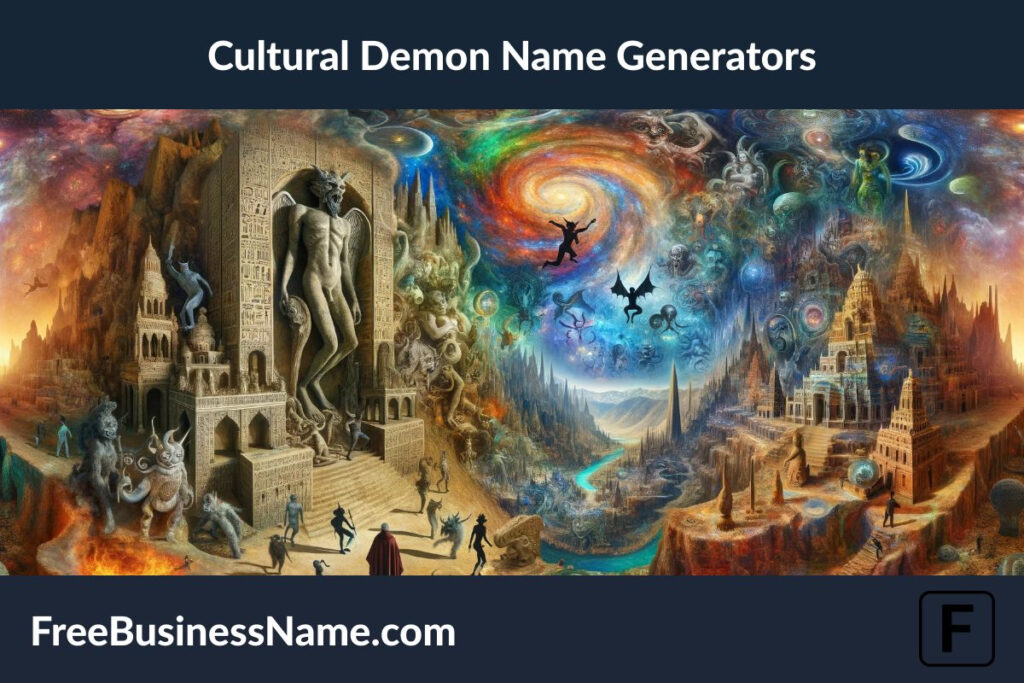 The cinematic image inspired by Cultural Demon Name Generators has been successfully created, offering a mesmerizing view that merges mythologies from across the globe into a single, mystical landscape.