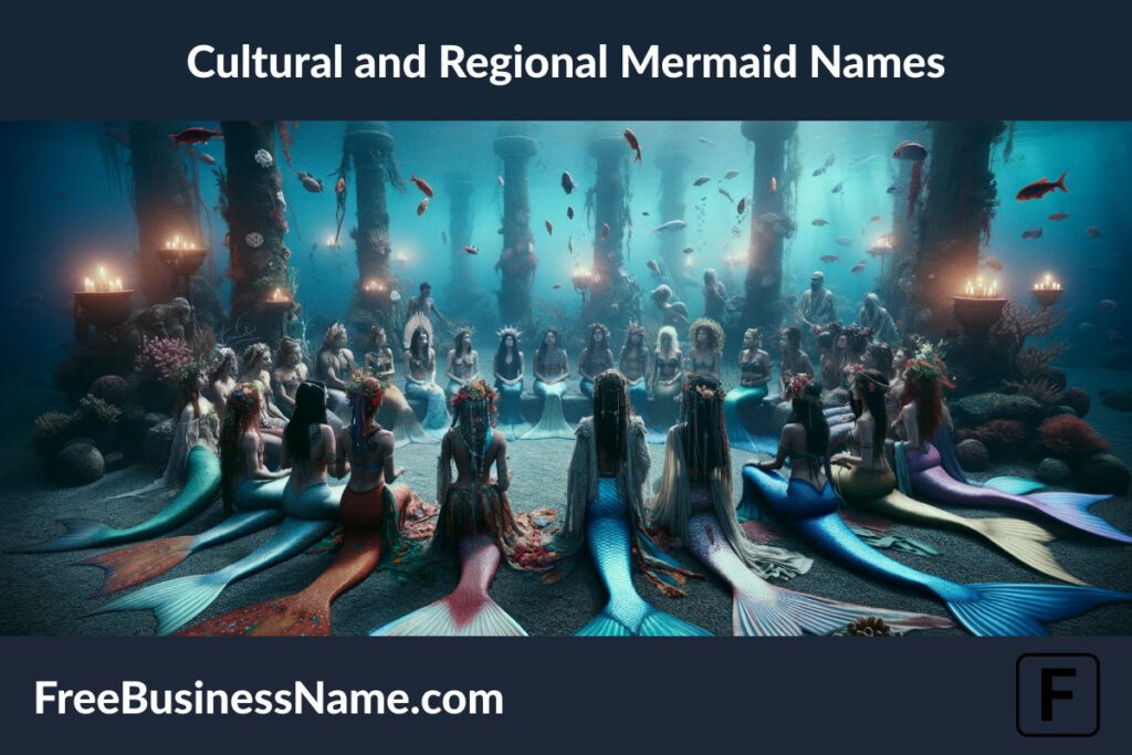 The cinematic image inspired by cultural and regional mermaid names has been created, illustrating a magnificent underwater gathering that celebrates the diversity and richness of mermaid legends from across the globe. This scene invites you into an enchanting world where the mythical beings of the ocean come together in unity, each reflecting the unique beauty of their cultural heritage.