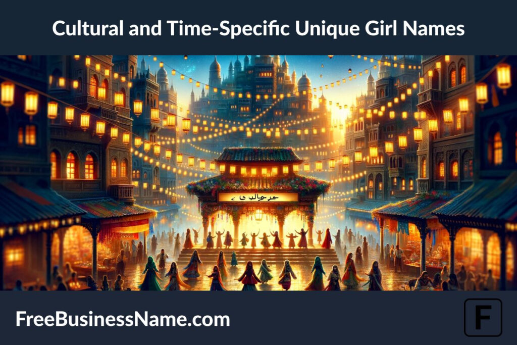 an image that celebrates the diversity and richness of cultural and time-specific unique girl names. Set in an ancient city at twilight, the scene reflects a blend of cultures and eras, highlighted by a vibrant celebration in the city's grand plaza. This image pays tribute to the historical and cultural depths that these unique names embody.