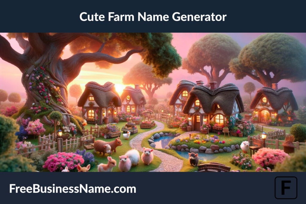 a cinematic image inspired by the Cute Farm Name Generator concept is ready. It portrays a whimsical, storybook farm at sunset, complete with adorable cottages, colorful gardens, and fluffy animals, all wrapped in a soft, magical glow. Enjoy this fairy-tale view!
