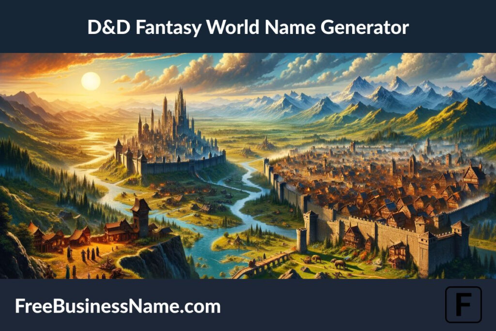 a cinematic image inspired by the D&D Fantasy World Name Generator. This visualization captures a vibrant medieval city surrounded by diverse landscapes, including an enchanted forest and sunlit plains leading to snow-capped mountains, all under a crystal-clear sky. It embodies a world where adventure and magic meet, offering endless possibilities for exploration and tales of heroism.