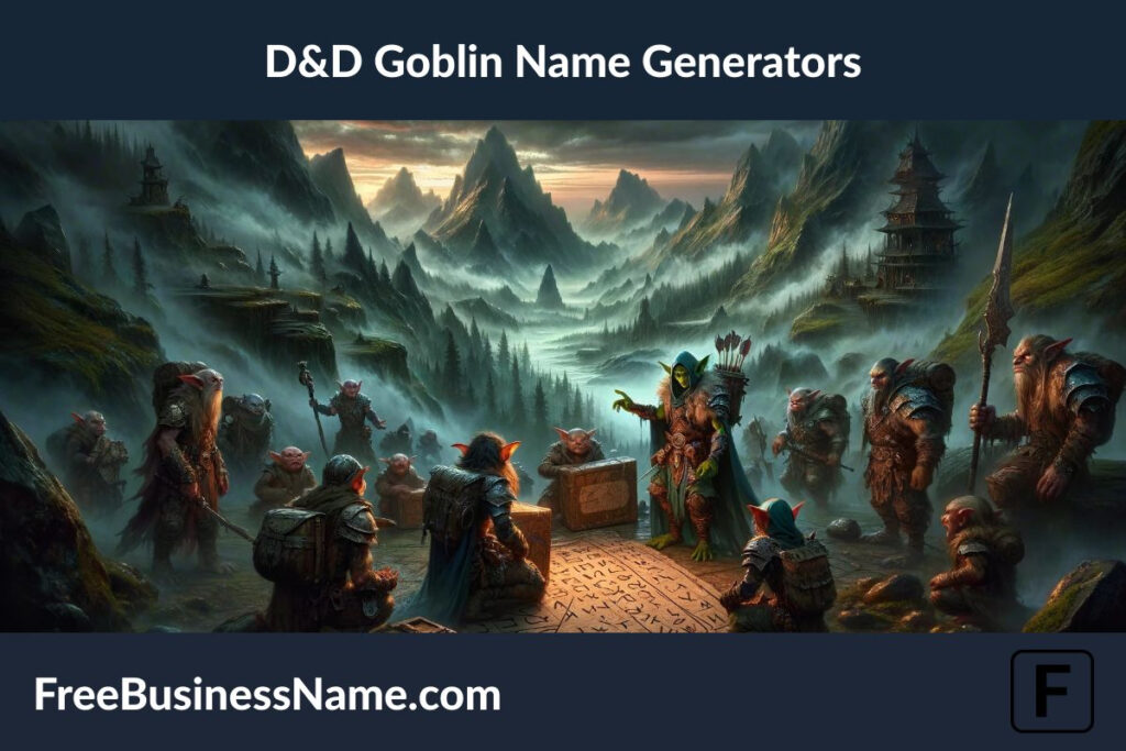 a cinematic image, this time drawing inspiration from the adventurous spirit of Dungeons & Dragons (D&D) goblin name generators. Explore this rugged, fantastical landscape as a band of goblins sets off on a stealthy expedition at dusk.
