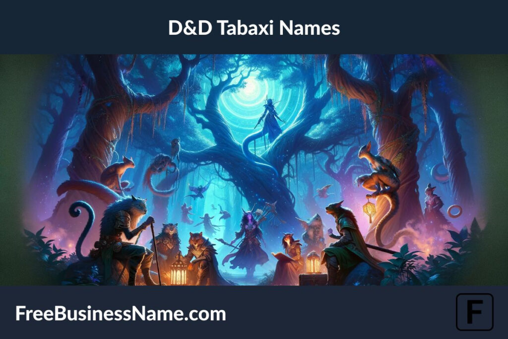The cinematic image inspired by D&D Tabaxi names has been created, capturing their adventurous spirit within a vibrant fantasy world.