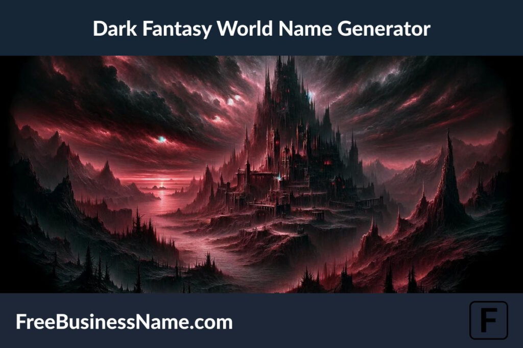 a cinematic image inspired by the Dark Fantasy World Name Generator. This image unveils a realm enveloped in eternal twilight, with a crimson sky, jagged mountains, a dense, eerie forest, and an ancient castle in ruins under the glow of a blood-red moon. This visual captures the essence of a dark fantasy world, filled with mystery and enchantment.