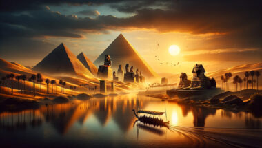 a cinematic image inspired by ancient Egypt, capturing its essence without including any letters, numbers, or names. Enjoy the visual journey through the majestic landscapes along the Nile River, framed by the golden sunset.