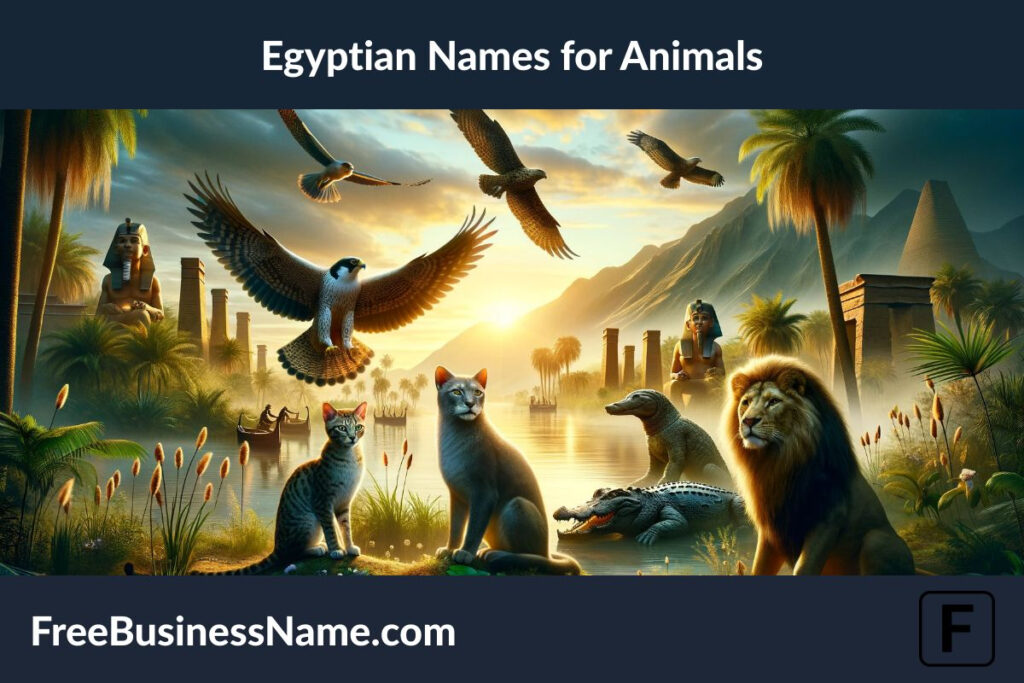 The cinematic image inspired by Egyptian names for animals has been created, capturing the mystique and reverence for these creatures in ancient Egyptian culture against a vivid backdrop.