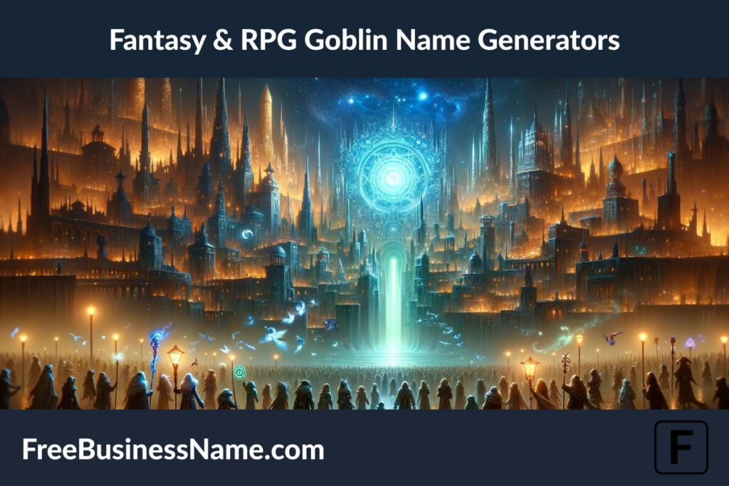 The latest image brings to life a scene filled with fantasy and RPG elements, capturing the essence of a grand adventure inspired by goblin name generators. It's set in an ancient, magical city under a starry night, where a diverse group of goblins is embarking on an epic venture.