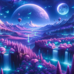 a cinematic image inspired by the Fantasy World Name Generator. This image captures a fantastical landscape with a vibrant purple sky, floating islands, a glowing forest, majestic mountains, and ethereal waterfalls. Feel free to explore this imaginative world through the visual provided.