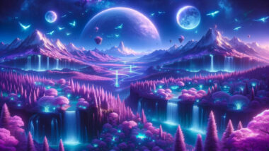 a cinematic image inspired by the Fantasy World Name Generator. This image captures a fantastical landscape with a vibrant purple sky, floating islands, a glowing forest, majestic mountains, and ethereal waterfalls. Feel free to explore this imaginative world through the visual provided.