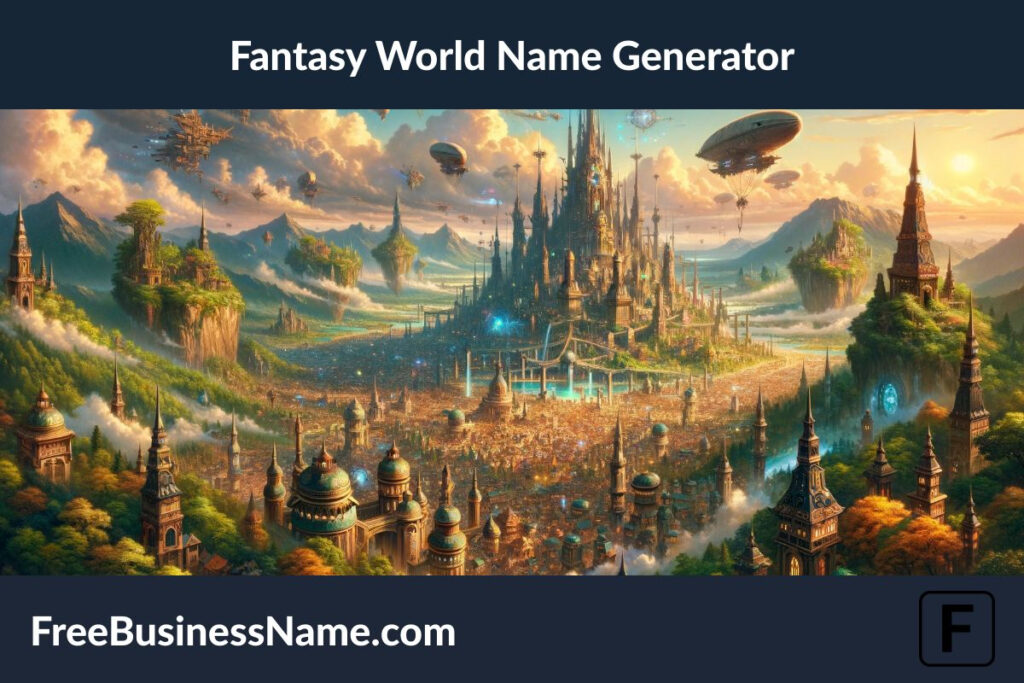 a cinematic image inspired by the Fantasy World Name Generator. This visualization presents a world where magic and technology intertwine, featuring a majestic city with high fantasy and steampunk influences, lush forests, ancient ruins, and mythical creatures. It's a realm vibrant with color and alive with stories waiting to unfold.