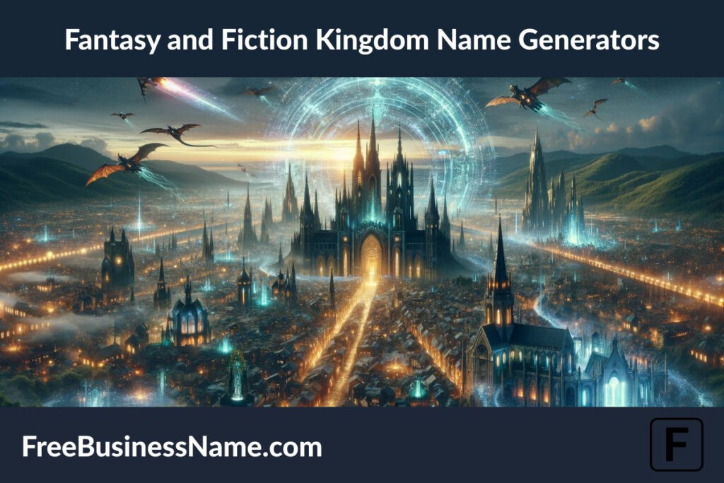 The cinematic image inspired by fantasy and fiction kingdom name generators has been crafted. It portrays a mesmerizing blend of magic and technology, featuring a city where gothic architecture and enchanted forests meet futuristic neon-lit districts, all under the enchanting twilight sky.