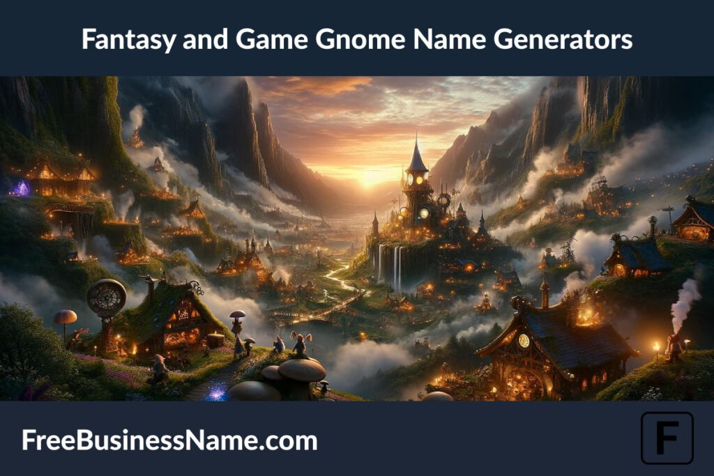 a cinematic image that merges fantasy with the essence of game-inspired gnome societies. This landscape at dawn reveals a magical gnome village, showcasing their ingenuity and the magical beauty of their world. Enjoy exploring this captivating scene!