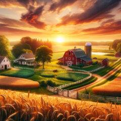 a cinematic image inspired by the essence of a serene farm setting. The golden hour brings out the warmth and tranquility of this rural landscape. Enjoy exploring every detail!