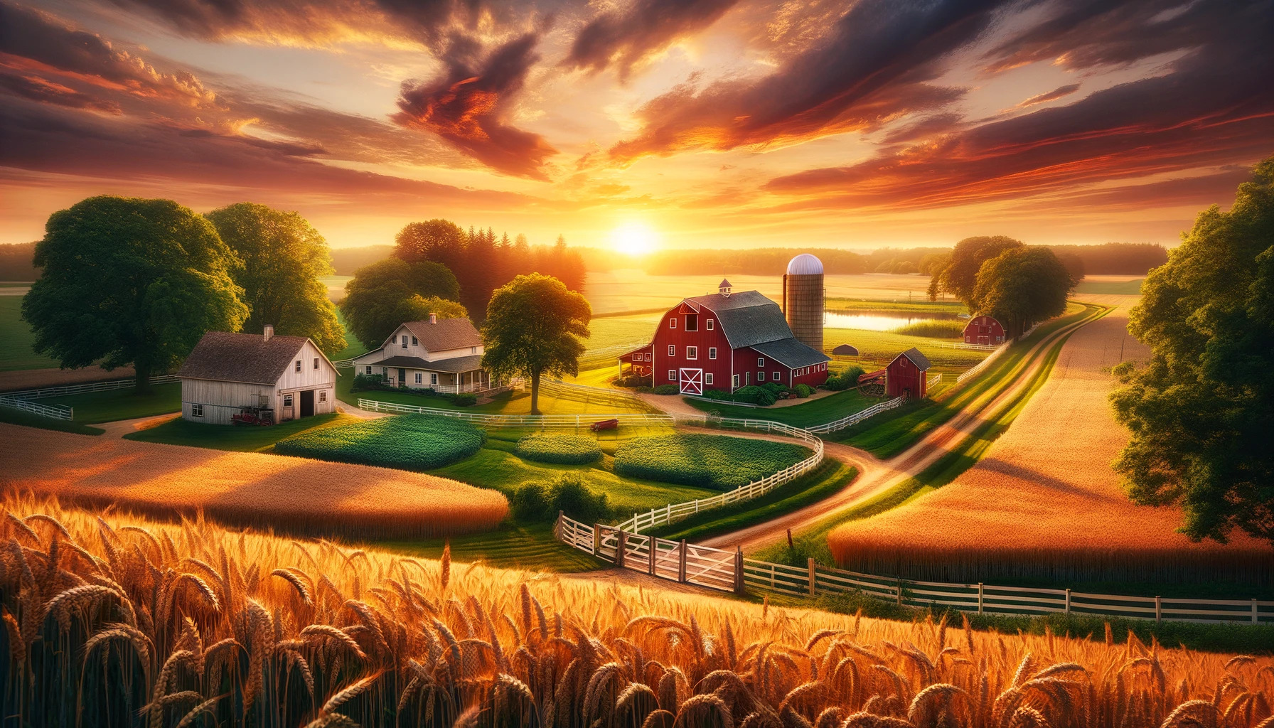 a cinematic image inspired by the essence of a serene farm setting. The golden hour brings out the warmth and tranquility of this rural landscape. Enjoy exploring every detail!
