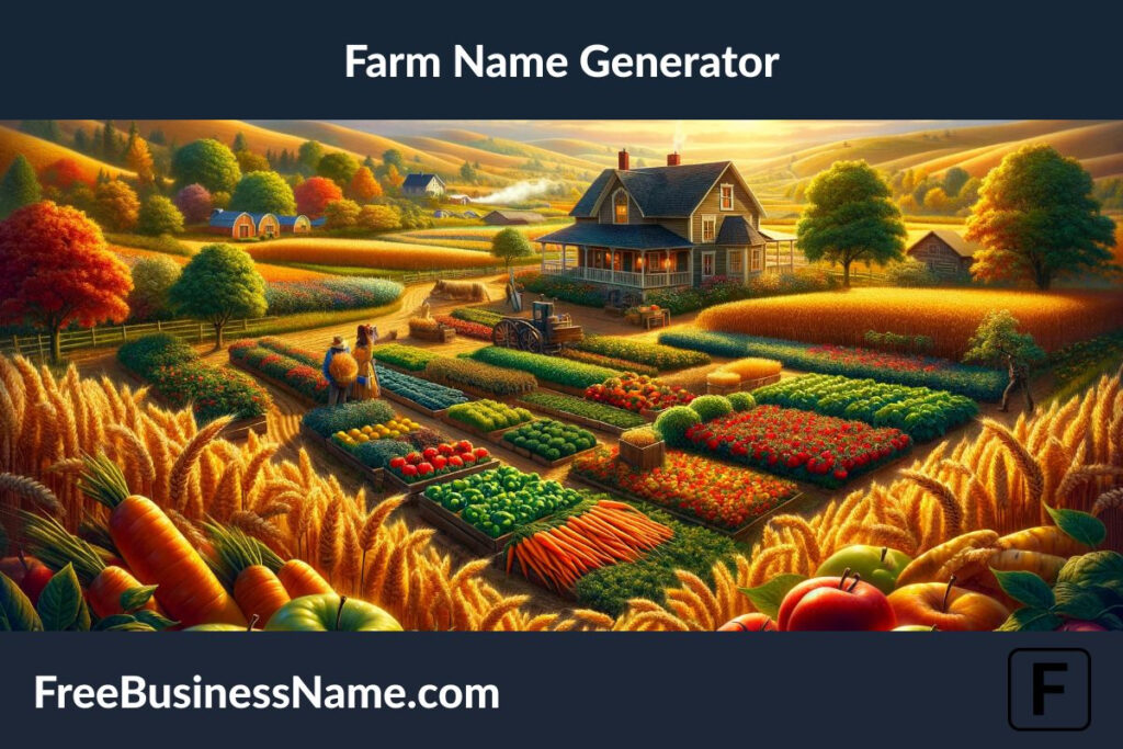 a cinematic image inspired by the Farm Name Generator concept is ready, capturing the essence of a vibrant and lively farm at the height of the harvest season. The scene is bathed in the warm glow of the afternoon sun, highlighting the bounty of the countryside.