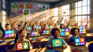 a cinematic image inspired by the concept of Funny Kahoot Names, set in a playful classroom environment. The scene captures the joy and creativity of learning through play, with students engaging with colorful avatars on their devices.