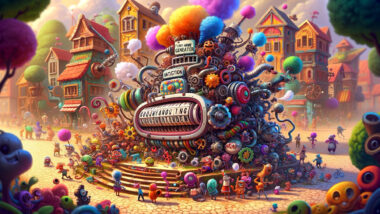 a cinematic image inspired by the Funny Name Generator, captured in a whimsical and humorous setting. The scene is bustling with quirky characters and a whimsical machine, all set in a vibrant landscape. I hope this visual brings a smile to your face!