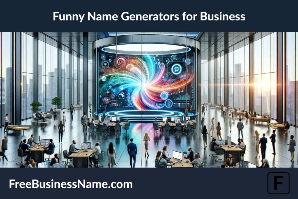 an image, inspired by Funny Name Generators for business use, has been crafted. It portrays a sleek, modern office scene, where innovation and creativity come together in the process of generating unique business names. This setting encapsulates the fusion of technology and entrepreneurial spirit.