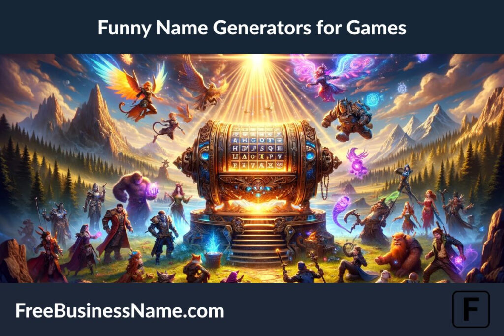 a cinematic image, inspired by Funny Name Generators for game use, is ready. It's an action-packed scene set in a fantastical game world, designed to capture the adventure and magic of creating names for gaming characters.