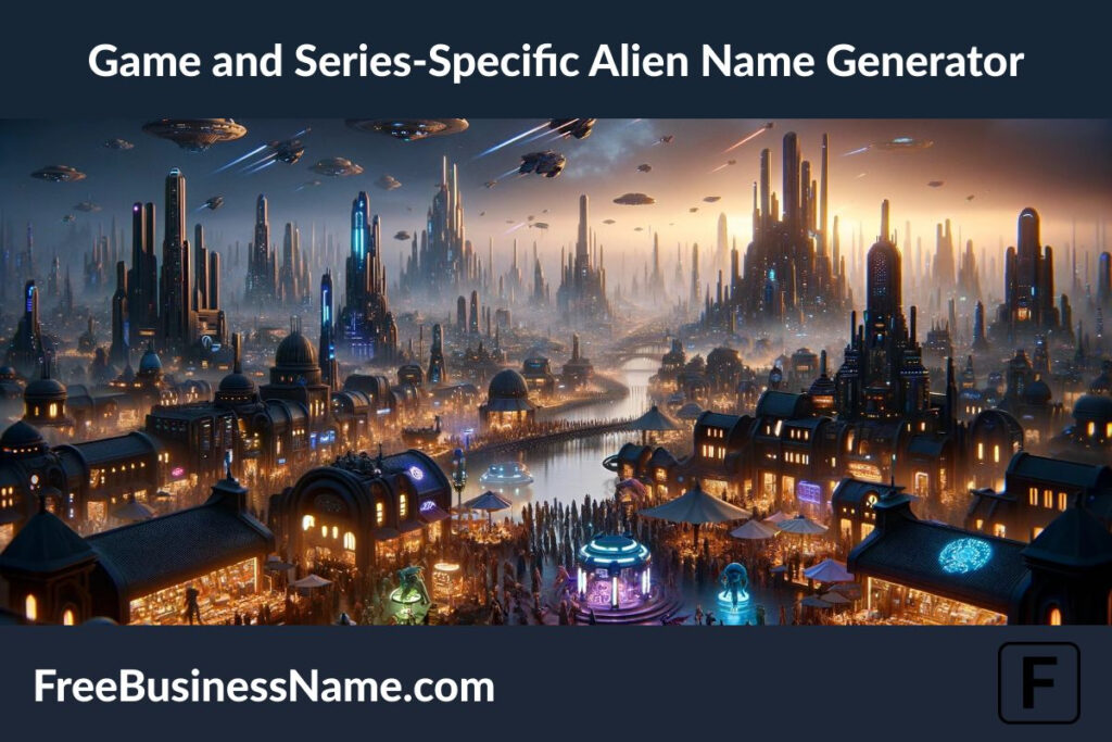 The cinematic image inspired by the concept of a Game and Series-Specific Alien Name Generator has been created, showcasing a bustling alien metropolis at night, where the lore and aesthetics of various science fiction and fantasy series converge.