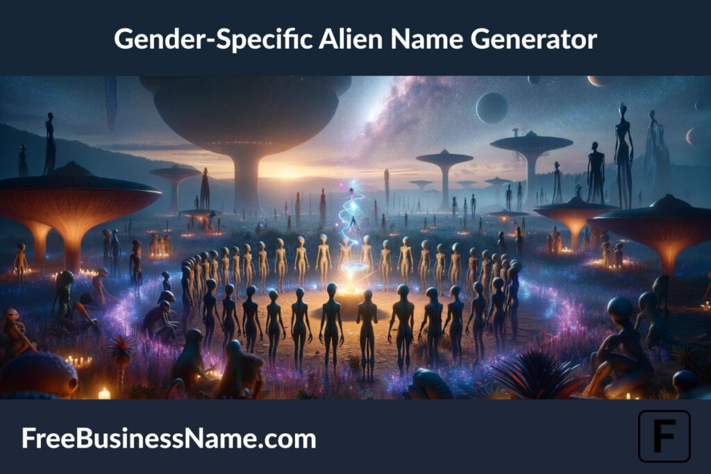The cinematic image inspired by the concept of a Gender-Specific Alien Name Generator has been generated, capturing a moment of solemnity and wonder on an alien planet.