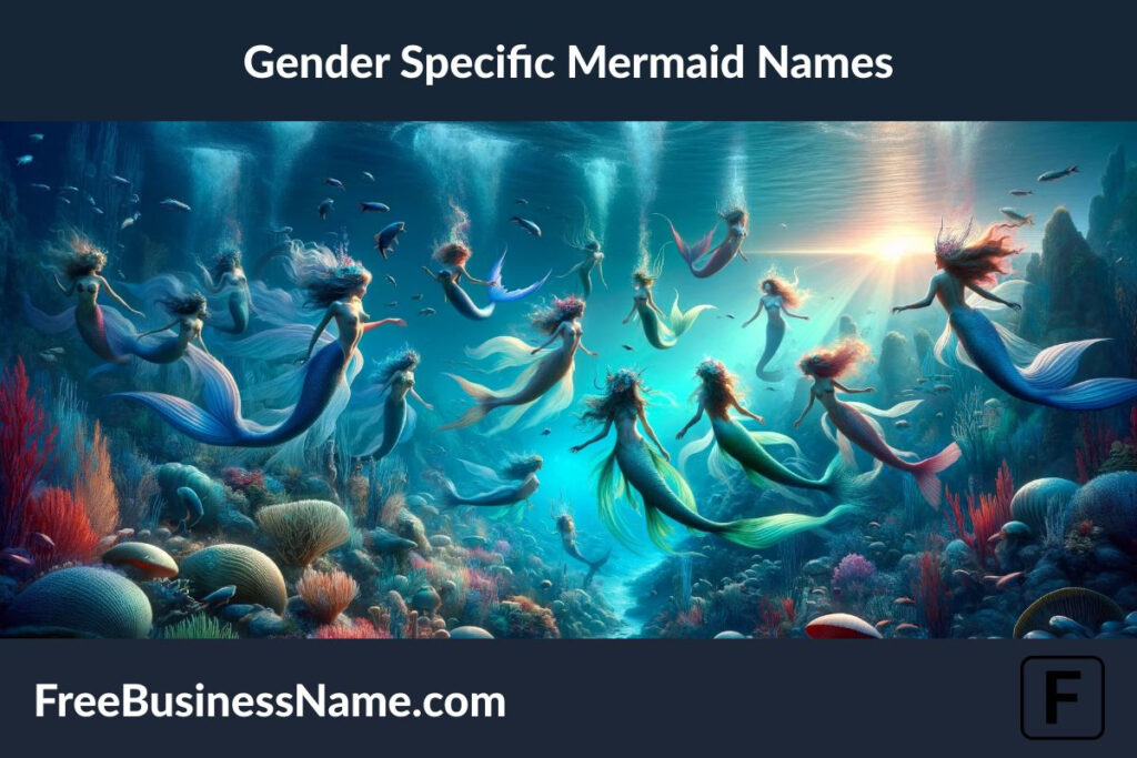 a cinematic image inspired by gender-specific mermaid names has been created, depicting a mesmerizing underwater scene at dawn. It beautifully showcases the distinct characteristics and personalities of mermaids and mermen, highlighting their unique roles and interactions within the magical marine environment.