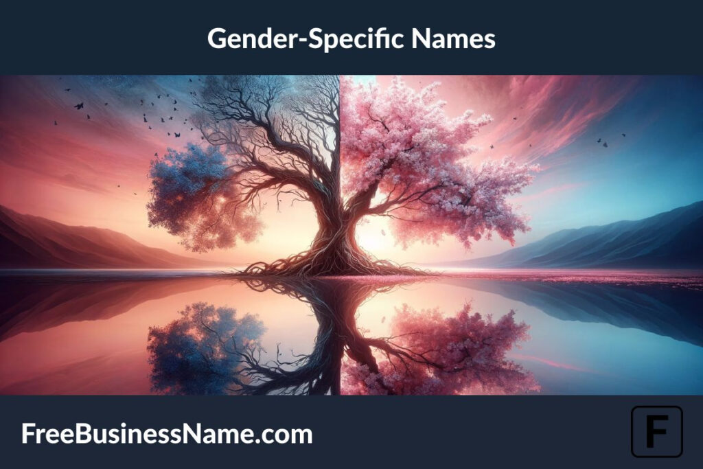 The cinematic image inspired by the theme of gender-specific names has been created, focusing on symbolic representations of masculine and feminine elements in an abstract, balanced composition.