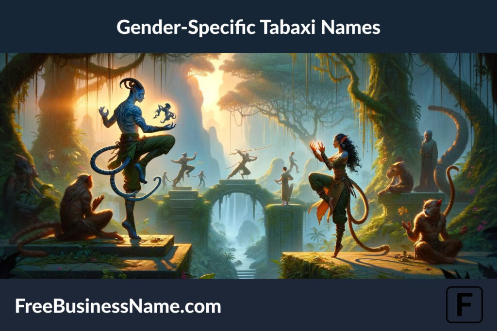 The cinematic image inspired by gender-specific Tabaxi names has been created, encapsulating their distinct roles and personalities within a mesmerizing D&D fantasy landscape.