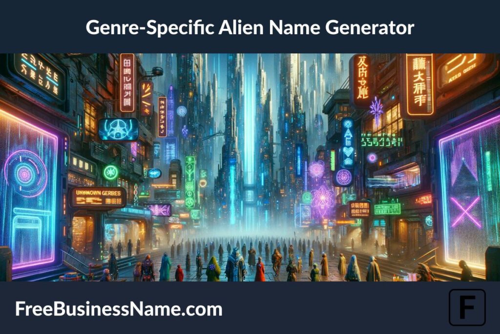 The cinematic image inspired by the concept of a Genre-Specific Alien Name Generator has been created, offering a glimpse into a vibrant, futuristic city where various genres converge in an exciting blend of technology and magic.