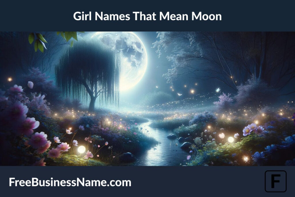 an image that channels the serene and mystical vibes associated with girl names that mean "moon". It showcases a dreamlike garden under the soft glow of the moon, where delicate flowers bloom and gentle streams reflect the moonlight, surrounded by the dance of fireflies. This scene is crafted to convey tranquility, beauty, and a magical atmosphere, perfectly embodying the essence of femininity and the mystical connection to the moon.