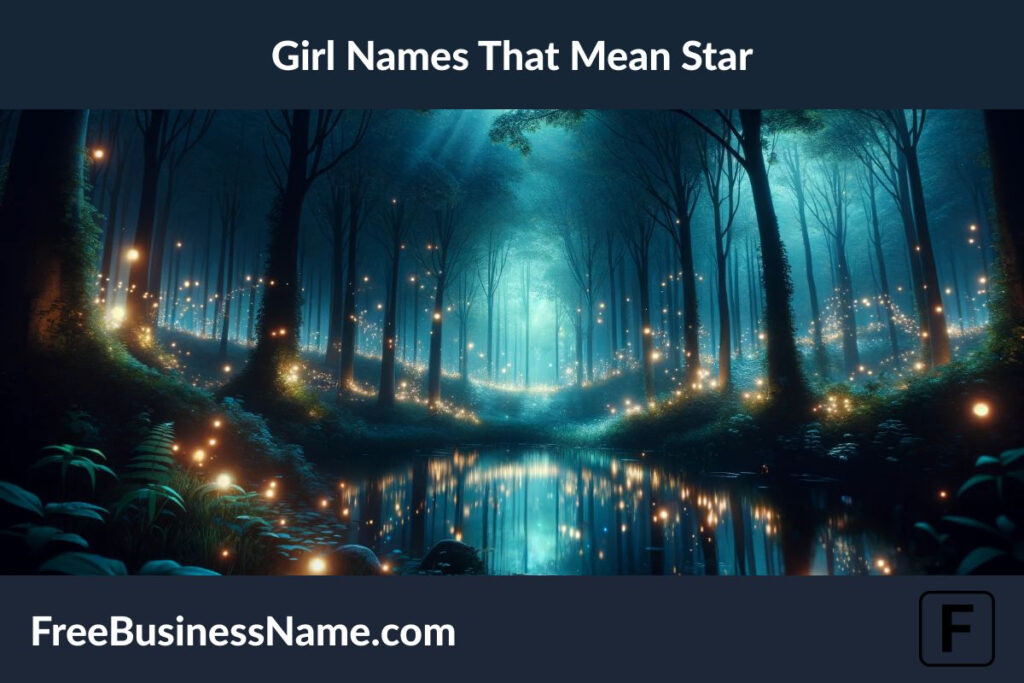 a cinematic image inspired by girl names that mean "star" has been created, showcasing a mystical forest at twilight. This magical scene is filled with ethereal lights and the soft glow of starlight, alluding to the enchanting nature of these names.