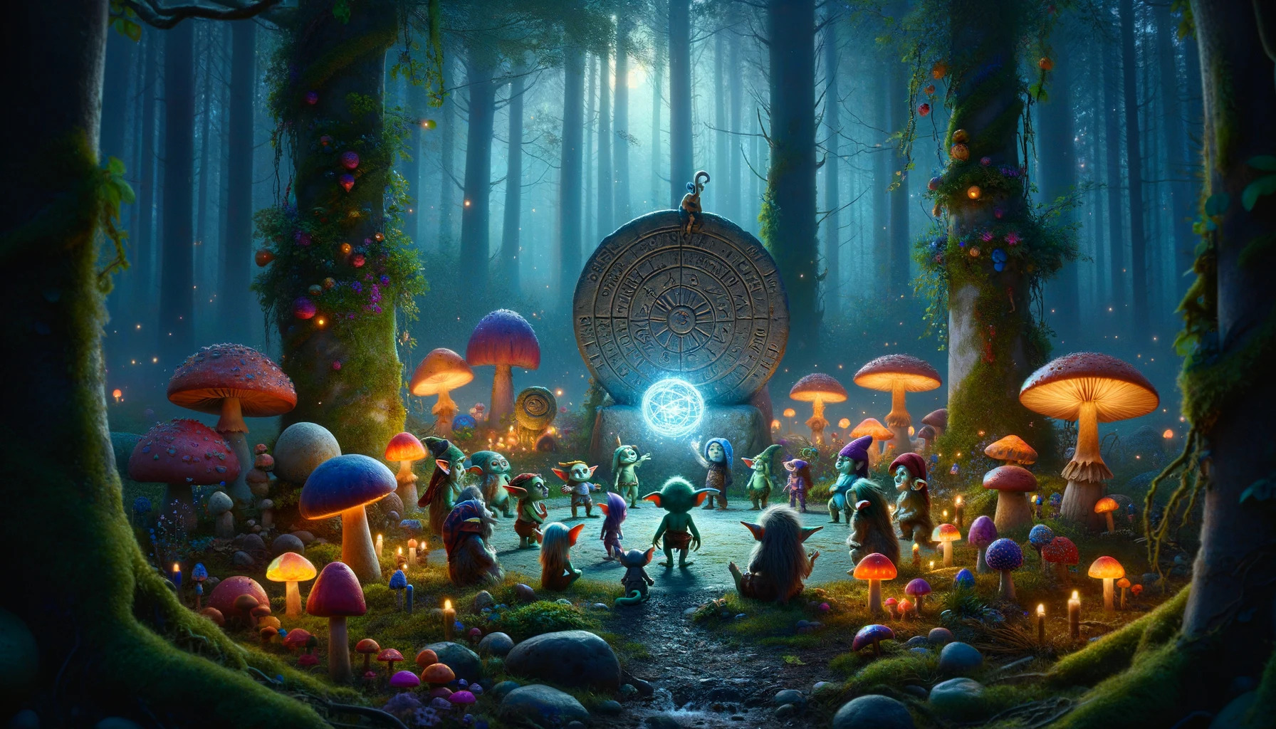 a cinematic image inspired by the essence of a goblin name generator. It captures a whimsical and enchanting scene set in a mystical forest, with a group of unique goblins engaged in a magical ritual. Let your imagination explore this magical world.