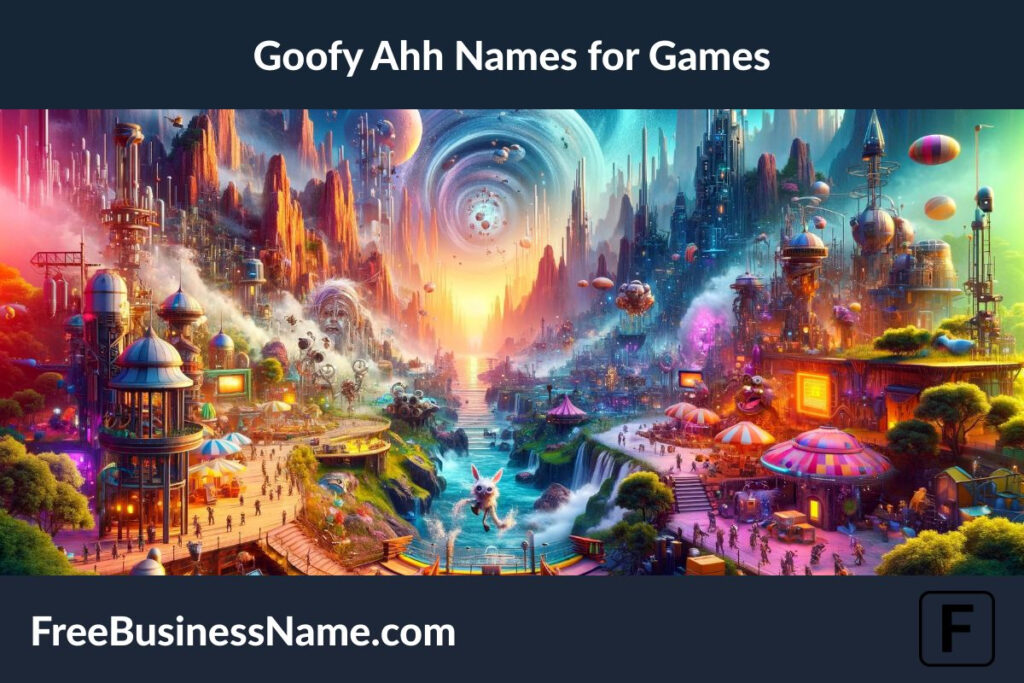 a dynamic, cinematic image inspired by the playful and imaginative world of "Goofy Ahh Names for Games." This scene captures the essence of fun and adventure in a game setting, filled with bright colors, whimsical architecture, and comically imaginative technology. Enjoy exploring this vibrant, game-inspired world.