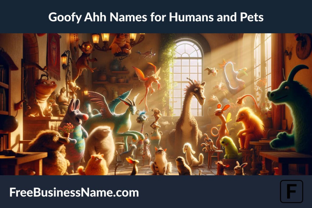 a heartwarming, cinematic image inspired by "Goofy Ahh Names for Humans and Pets." This scene captures a magical moment of bonding, filled with warmth, humor, and the joyful companionship between humans and their uniquely quirky pets in a whimsical setting. Enjoy exploring the playful interactions that highlight the essence of having a pet with a goofy name.