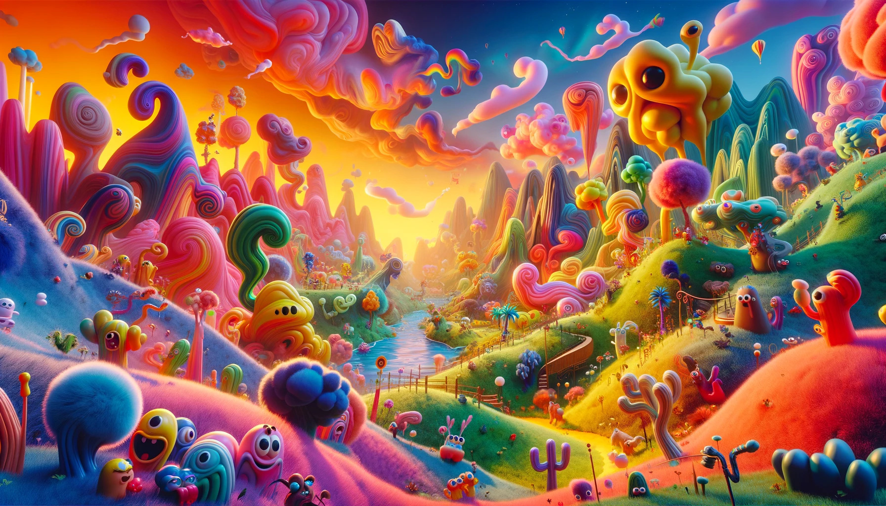 a whimsical, cinematic image inspired by the concept of "Goofy Ahh Names." Enjoy exploring the vibrant, cartoonish landscape filled with exaggerated, playful elements, quirky creatures, and a world alive with laughter and joy.