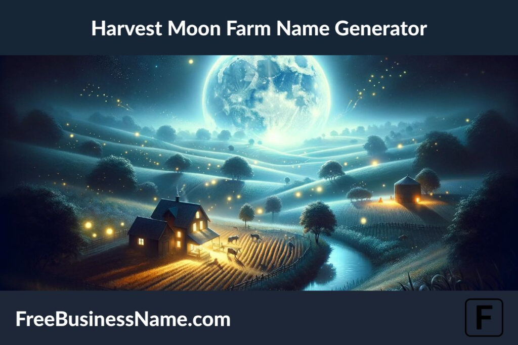 a cinematic image inspired by the Harvest Moon Farm Name Generator concept has been created, capturing the magical essence of a farm under the enchanting light of a full harvest moon. This scene invites you into a world where magic and reality intertwine.