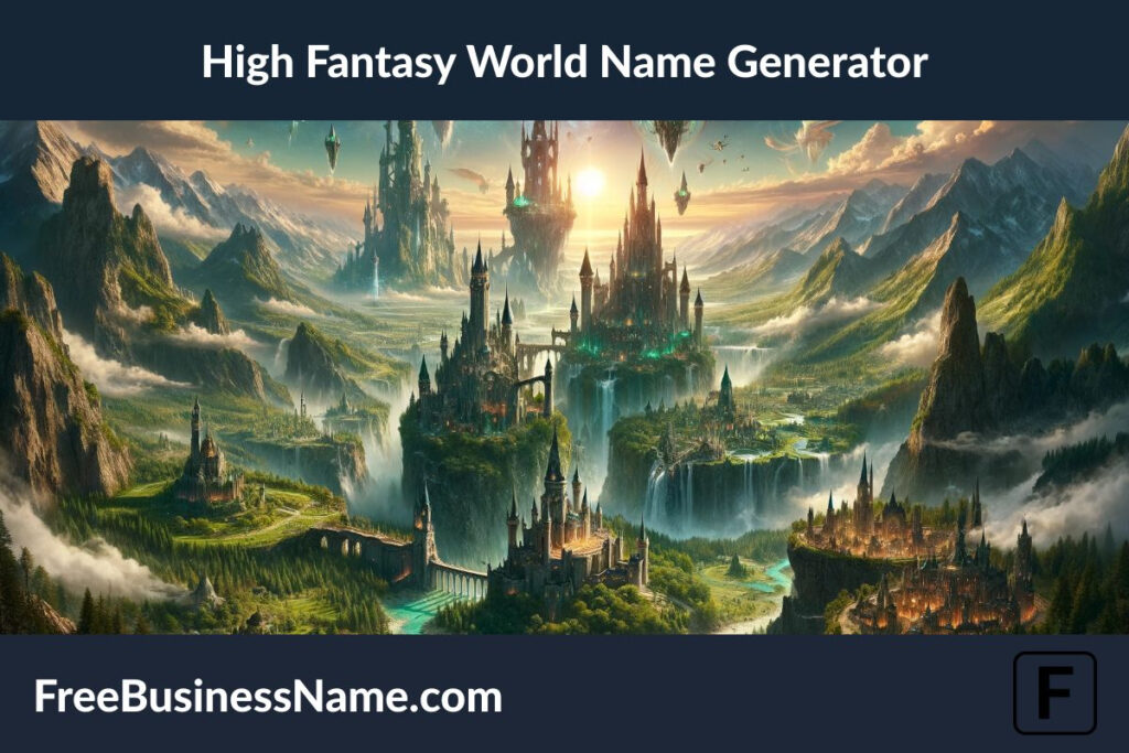 a cinematic image inspired by the High Fantasy World Name Generator. This visualization showcases a realm filled with grand kingdoms, majestic landscapes, enchanted forests, and mythical creatures. It's a world where magic is tangible, and grand adventures await, highlighted by the breathtaking beauty of its kingdoms and the magical aura that envelops it.