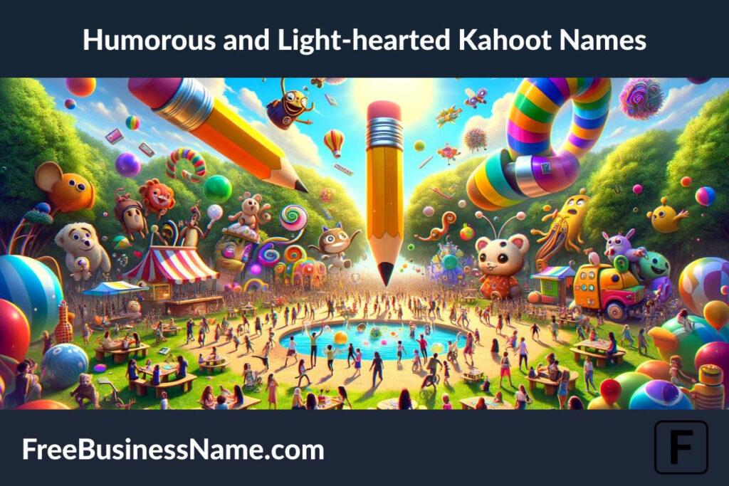 an image that brings to life the essence of humorous and light-hearted Kahoot names through a whimsical and vibrant park scene.