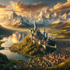 a cinematic image inspired by the concept of a fantastical kingdom, capturing a landscape that embodies the essence of a magical realm. This scene showcases a breathtaking view of a kingdom with majestic mountains, a serene lake, and a grand castle, all bathed in the golden light of the setting sun.