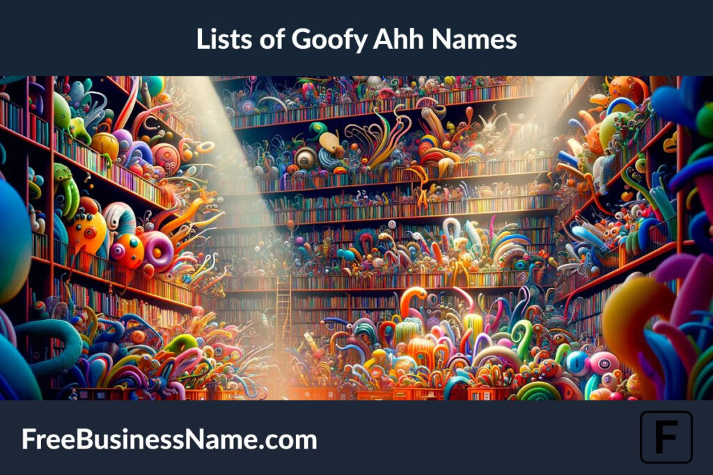 a visually engaging, cinematic image inspired by "Lists of Goofy Ahh Names." This scene brings to life a whimsical, imaginative essence, set in a surreal library or archive filled with colorful, abstract objects that represent the playful and creative nature of goofy names. Enjoy exploring this enchanted repository!