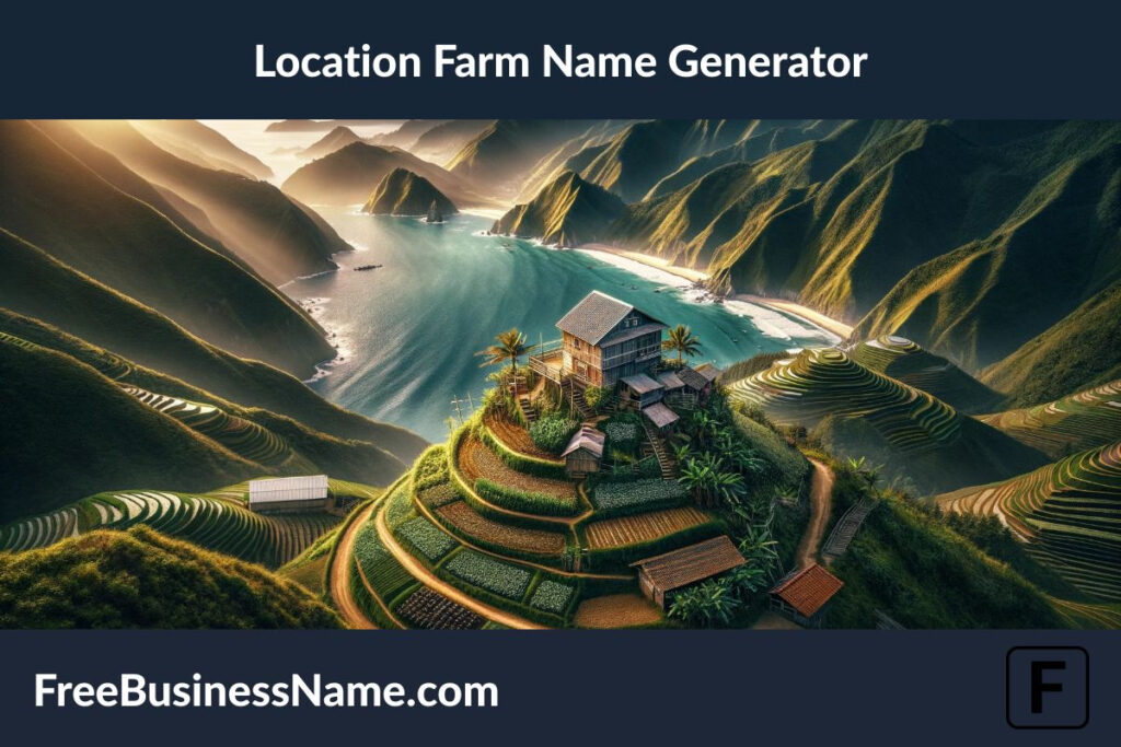 a cinematic image inspired by the Location Farm Name Generator concept has been created. It beautifully captures the essence of a farm, shaped by its unique geographical location, whether it's nestled in the mountains or by the coast, illustrating the harmony between agriculture and the natural landscape.