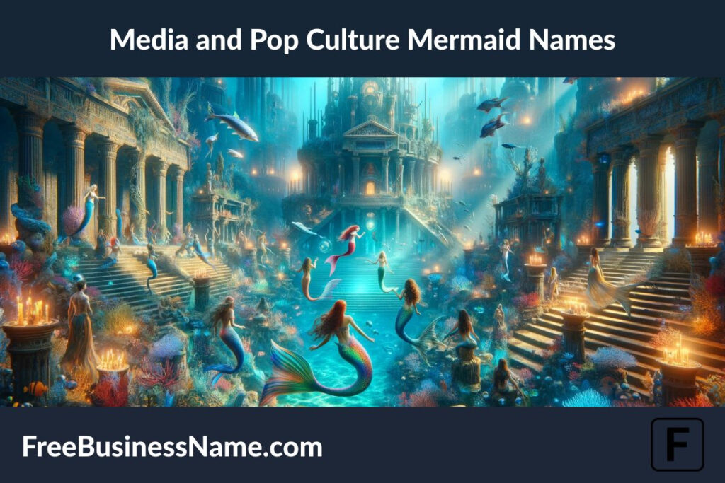 an image that brings to life an epic underwater scene inspired by mermaids and mermen from media and pop culture. This visual narrative unfolds in an ancient, mystical underwater city, inviting you into a world where the stories and legends of pop culture mermaids and mermen are vividly imagined.