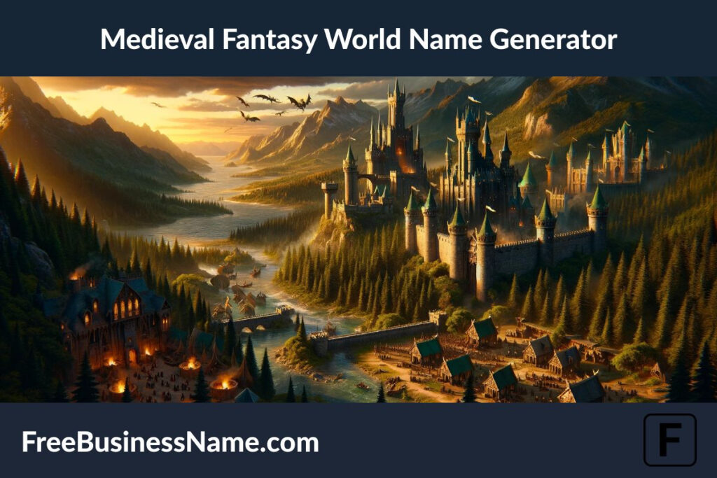a cinematic image inspired by the Medieval Fantasy World Name Generator. This image brings to life a world filled with stone castles, dark forests, rugged mountains, and an atmosphere brimming with magic and adventure. Knights, dragons, wizards, and peasants all play their roles in this vivid tapestry of bravery and heroism set against a medieval backdrop.