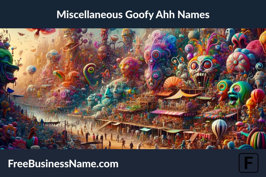a vibrant, cinematic image inspired by "Miscellaneous Goofy Ahh Names." This scene captures a bustling marketplace or festival, filled with an eclectic array of characters and objects that embody the essence of goofy and unexpected names through their whimsical designs and colors. Enjoy exploring this joyously chaotic setting!