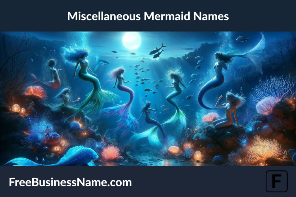 a cinematic image inspired by the essence and beauty of Miscellaneous Mermaid Names. This underwater scene at twilight showcases the mystical allure of mermaids, each uniquely embodying the enchantment of their names through their appearances and the magical surroundings they inhabit.